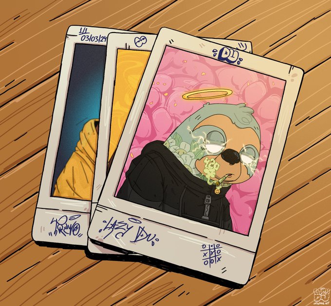 An illustration shows three Polaroid-style photos fanned out on a wooden surface, the top one featuring an animated character with green hair, a halo, and sunglasses smoking, signed by artist @the_tinyk.