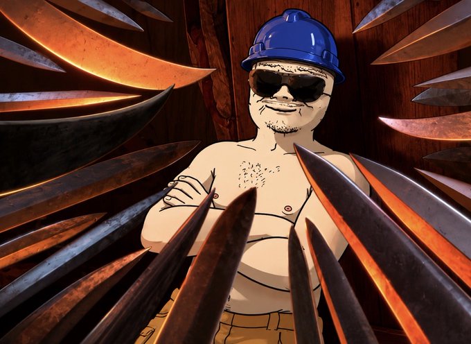 An animated, confident shirtless cartoon man wearing a blue hard hat and sunglasses stands confidently with crossed arms, surrounded by an ominous ring of glowing blades pointed inward—visually reinforcing the "gm" (good morning) post with a daring "bullish through danger" crypto vibe.