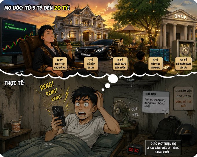 An illustrated Vietnamese graphic contrasting a luxurious dream (wealthy lifestyle, 'MƠ ƯỚC: TỪ 5 TỶ ĐẾN 20 TỶ!') with harsh reality ('THỰC TẾ': alarm clock, tired worker, 'GIẤC MƠ TRIỆU ĐÔ & CẢ LÀM VIỆC 8 TIẾNG ĐANG CHỜ...').