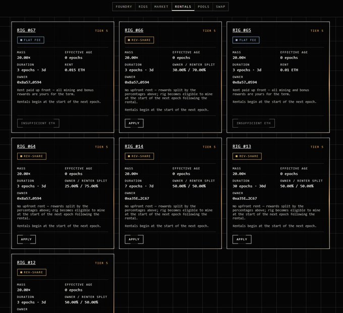 A dark-themed cryptocurrency mining dashboard displays multiple rental contracts (RIG #67, #66, #65, #64, #14, #13, #12) with details on mass, duration, and revenue share.