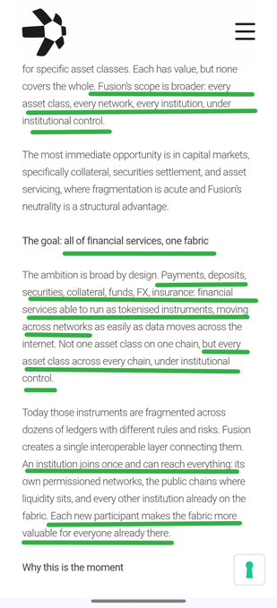 Screenshot of an article about 'Fusions,' with highlighted text discussing how its scope is broader than specific asset classes and how it covers all financial services on one chain.