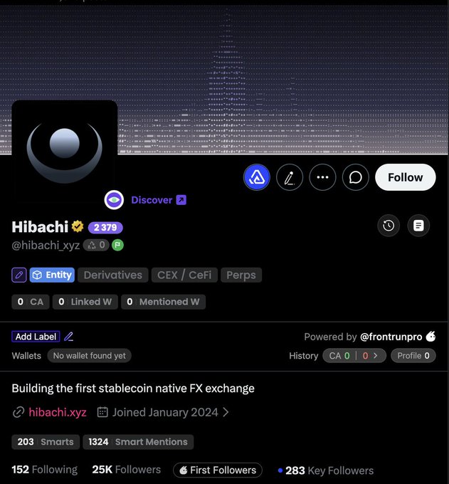 A Twitter profile screenshot for 'Hibachi' (@hibachi_xyz) describing themselves as 'Building the first stablecoin native FX exchange' with 25K followers.