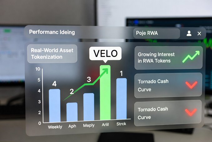 An augmented reality display overlay showing 'Real-World Asset Tokenization' with a bar chart featuring VELO highlighted, plus panels showing 'Growing Interest in RWA Tokens' (upward) and 'Tornado Cash Curve' (downward).