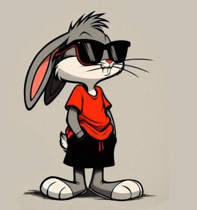 A stylized cartoon illustration of Bugs Bunny wearing sunglasses, a red t-shirt, and black shorts, standing confidently with his hands in his pockets.