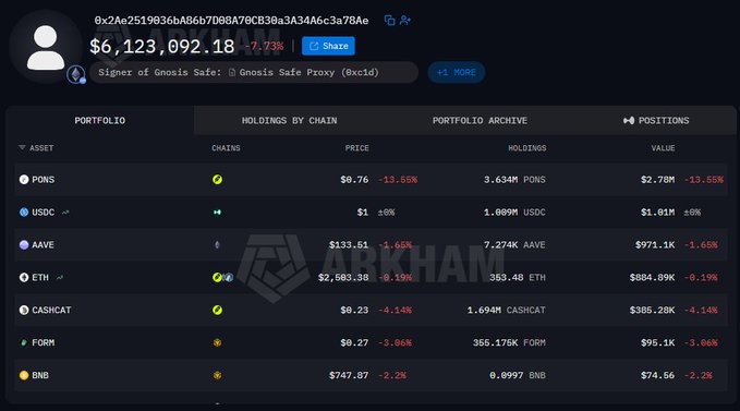 A screenshot of a cryptocurrency portfolio showing a total balance of $6,123,092.18, with holdings including PONS ($2.78M), USDC ($1.81M), AAVE ($971.1K), ETH ($804.89K), CASHCAT ($386.28K), FORM ($95.1K), and BNB ($74.56), tagged with the 'ARKHAM' watermark.