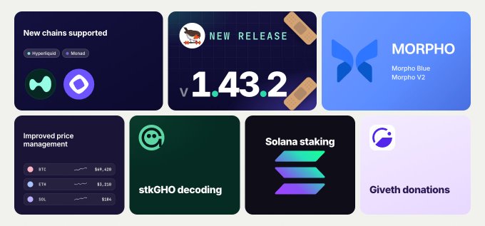 The image features six different pictures, each with its own message or title written beneath it. The first picture shows a box-like shape with the words "new release" displayed at the top. The second picture has the text "v 1.43.2". Below that, there is a small bird icon symbolizing new releases.

The third and fourth pictures both contain images of butterflies flying over the word "new release". These butterfly icons have the number 1.43.2 on them as well. In the fifth picture, an insect-like creature with wings is positioned above the words "v 1.43.2", symbolizing its importance in relation to a new release.

The sixth and final image has the title "giveth donations" written at the bottom right corner. This phrase also features two butterflies - one above and one below it. These butterflies represent the donations related to this new release.