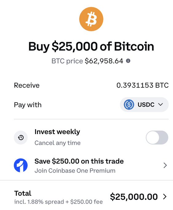 A Coinbase Bitcoin purchase screen showing a $25,000 buy order with BTC price at $62,958.64, receiving 0.3931153 BTC, paid with USDC, including options for weekly investing and a $250 fee.