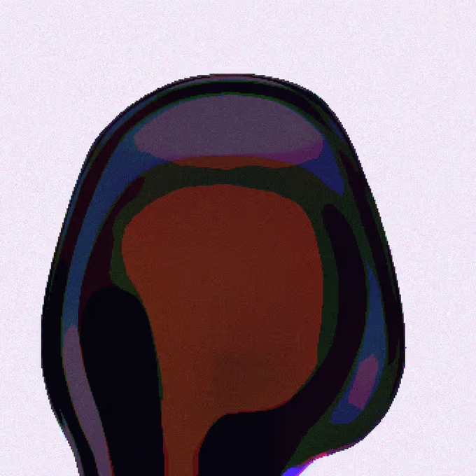 A heavily posterized, abstract portrait-like image with a dark oval outline and muted bands of purple, green, blue, black, and reddish brown.