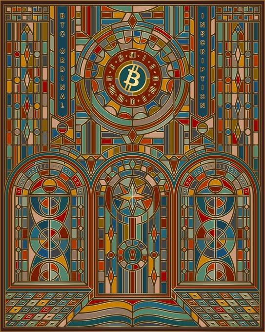 An ornate stained glass window design featuring a central Bitcoin (₿) logo, with the text "BTC ORIGINAL" on the left and "INSCRIPTION" on the right, framed by intricate colorful arches and geometric patterns.