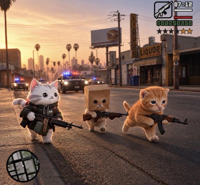 The image shows a Grand Theft Auto-style video game scene at sunset on a Los Angeles street, featuring three cute kittens wielding firearms—one white cat in tactical gear, one orange tabby with a paper bag on its head, and another orange tabby—with police cars in pursuit and a HUD displaying "07:12," "$00250350," and a 2-star wanted level. The post's reference to "Catshback coins" ties into the playful feline-themed parody of the iconic GTA: San Andreas opening, where the kittens replace the game's serious tone with whimsical absurdity.