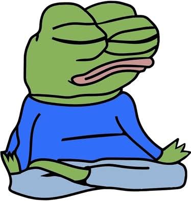 A cartoon illustration of a green frog wearing a blue sweater, sitting cross-legged with its eyes closed and tongue sticking out.
