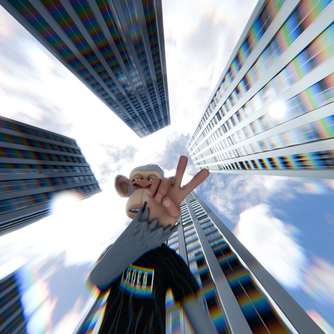 A low-angle 3D rendered image of a Bored Ape-style cartoon monkey wearing a 'BULG' shirt making a peace sign, with towering skyscrapers and a rainbow chromatic aberration effect converging overhead.
