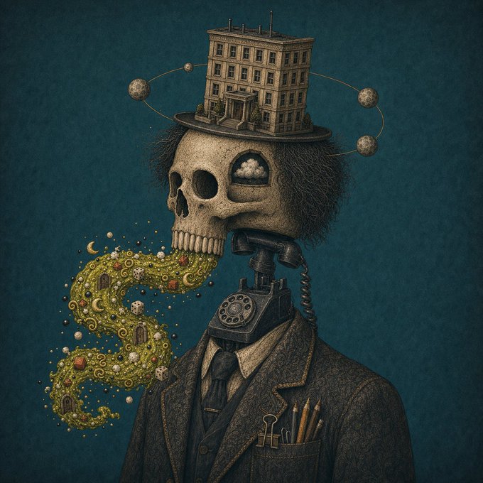 A surreal illustration of a skeletal figure in a suit with a building for a hat surrounded by orbiting moons, a rotary phone for a mouth exhaling a trail of whimsical, decorative green smoke containing tiny skulls and doors.