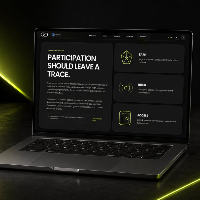 A laptop displays a website with the headline 'PARTICIPATION SHOULD LEAVE A TRACE.' The page describes Fragments as a non-tradable utility and participation resource of the SCORE Protocol, with sections labeled 'EARN', 'BUILD', and 'ACCESS'.