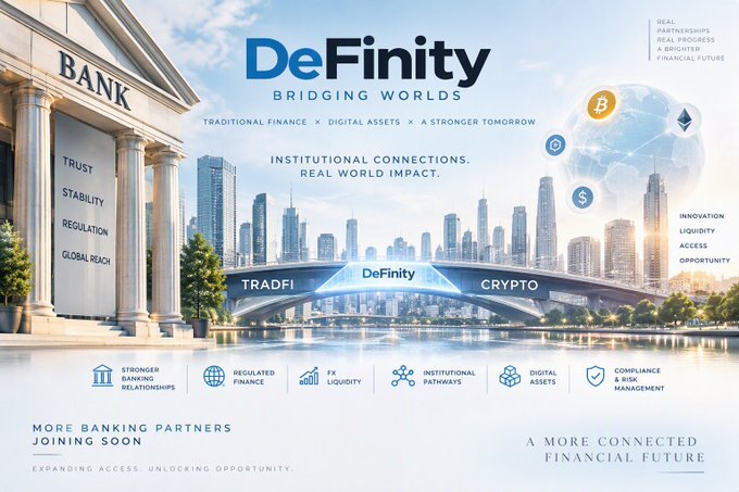 An advertisement banner for 'DeFinity' reads 'BRIDGING WORLDS' and 'TRADFI x DeFinity x CRYPTO', featuring imagery of a classical bank, a modern cityscape, and a glowing globe, with text promoting 'A MORE CONNECTED FINANCIAL FUTURE'.