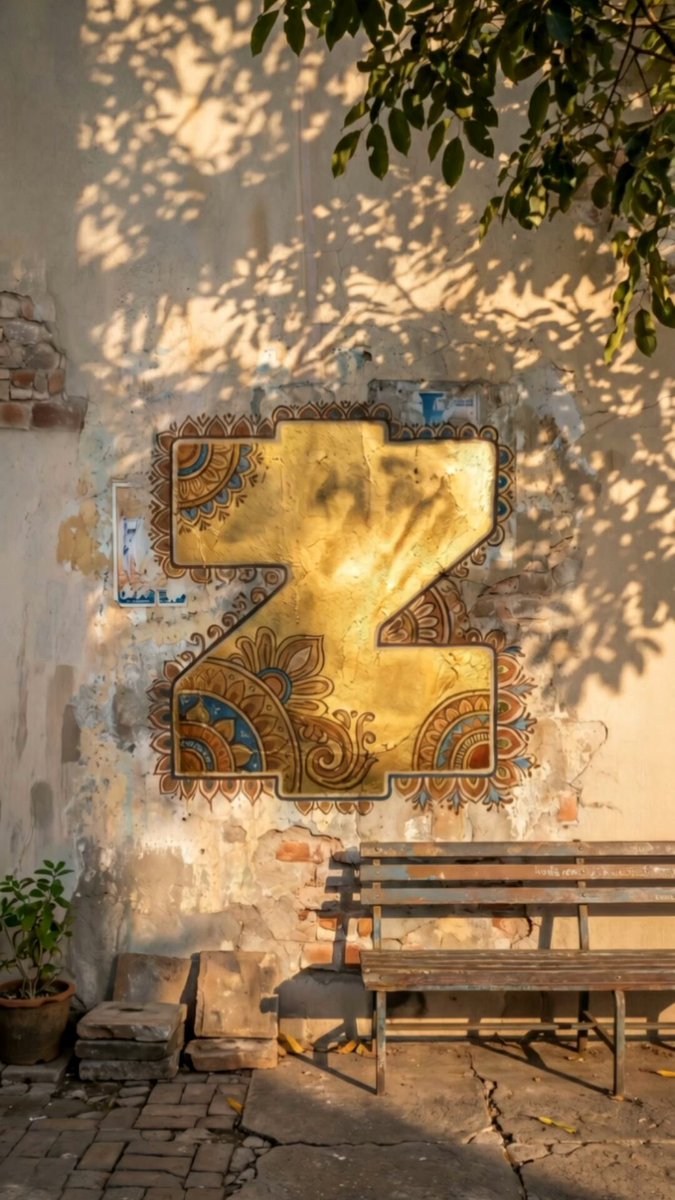 The image features a large, ornate letter "Z" painted on a wall with intricate designs. The letter is made of real gold, which adds an elegant touch to its appearance. The photo captures the sunlight shining on the wall, highlighting the details of the artwork and making it stand out. In front of the wall, there are two benches placed next to each other, providing seating for visitors or passersby who may want to admire the beautiful letter "Z".