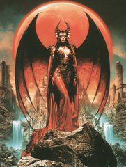 Fantasy artwork depicting a female figure in dark armor with large, bat-like wings standing on a rocky outcrop against a massive red moon, with a castle visible in the background.