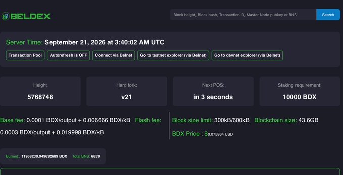 A BELDEX blockchain explorer dashboard showing a server time of September 21, 2026, block height 5768748, hard fork v21, next PoS in 3 seconds, and a BDX price of $0.078984 USD.