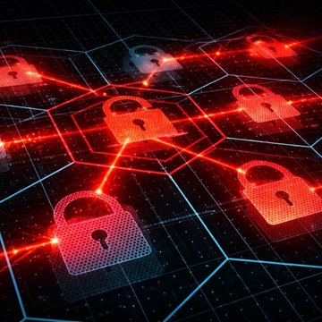 A digital illustration of interconnected padlock icons on a dark hexagonal grid, symbolizing the cybersecurity breach described in the post—where a fake AI crypto trading bot deployed Needle Stealer malware to hijack browser wallets and drain users' funds. No text, numbers, or tickers are visible in the image.
