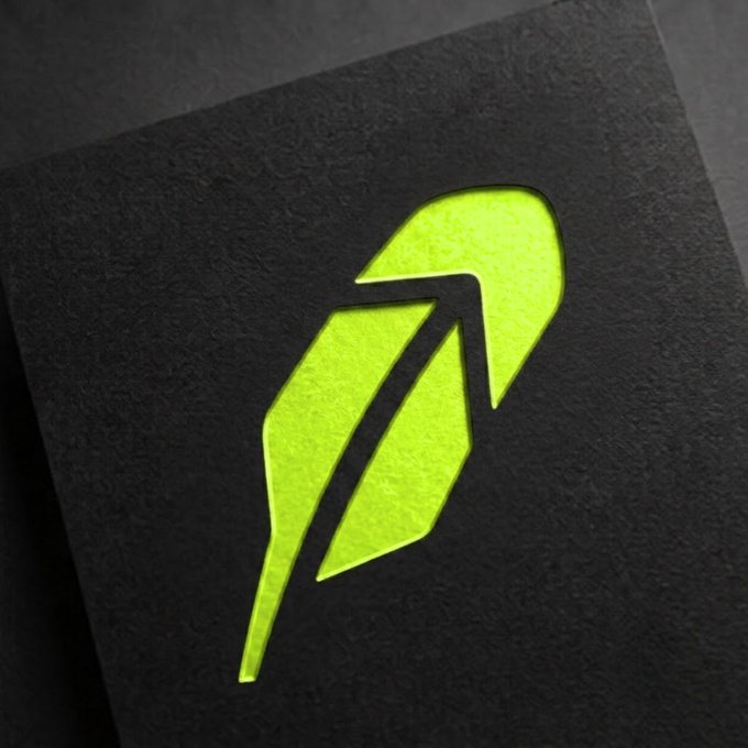 A bright neon green feather icon is cut out from textured black cardstock, creating a bold contrast. The feather imagery evokes the "ape into" slang referenced in the post, suggesting bold investment choices on Robinhood—though the feather itself is a clever visual play on words rather than an actual stock ticker or logo.