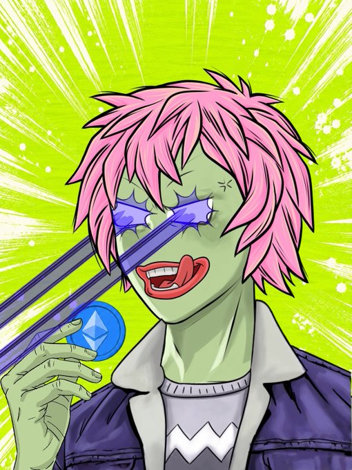 The image shows a stylized illustration of a green-skinned character with spiky pink hair, blue sunglasses, and bright red lips, holding a blue Ethereum (ETH) coin up to their eye like a monocle against a vibrant lime-green background with burst effects. The accompanying post appears to reference a giveaway or contest ("100 GTD spots") involving the user @DorianPepentice, likely promoting participation in a cryptocurrency-related event or Discord role, tying into the ETH imagery shown.