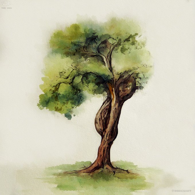 A watercolor painting shows a single tree with a twisted brown trunk and a lush green canopy standing on a small patch of grass against a white background.