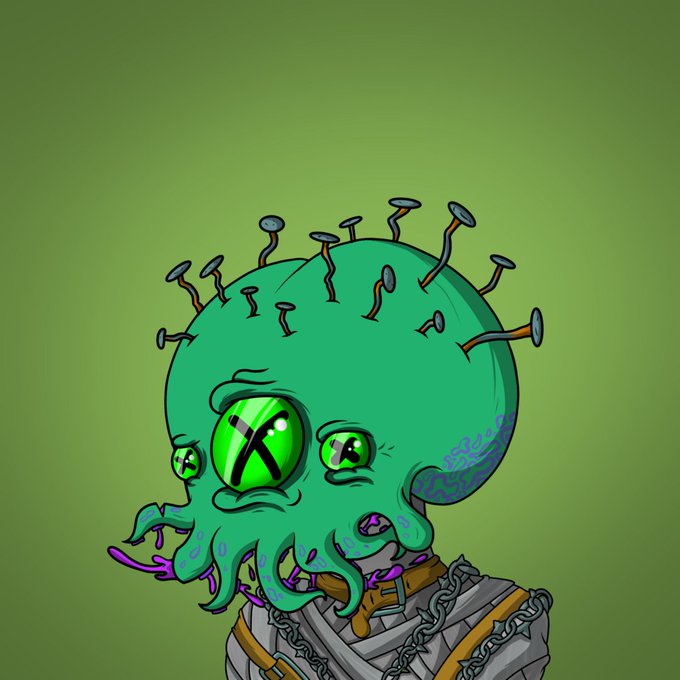 A cartoon-style NFT artwork of a green octopus with an 'X' pattern on its head, nails sticking out of its head, and a barbed wire collar, set against a green background.