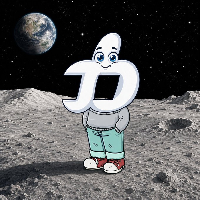 An animated white character with a face, wearing a gray sweater, teal pants, and red shoes, standing on the moon's surface with Earth visible in the starry sky.