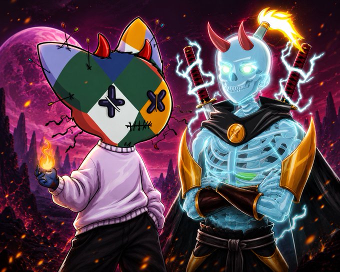 A digital artwork showing two characters: on the left, a figure wearing a patchwork head covering with X-shaped eyes and horns holding a flame, and on the right, a glowing blue skeleton warrior with red horns, swords on its back, and golden armor, set against a purple landscape with a full moon.