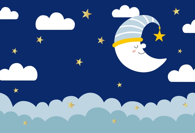 A cartoon illustration of a sleeping crescent moon wearing a nightcap, surrounded by clouds, stars, and a star charm against a dark blue night sky.
