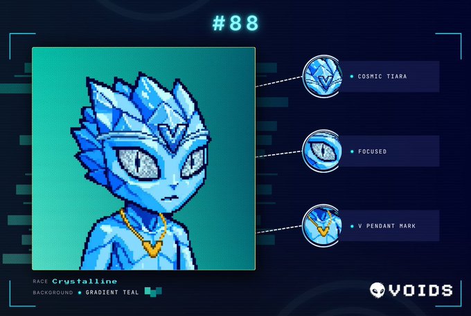 The image features a blue-haired, blue-skinned alien character with a crown sitting in front of three different descriptions. The first description reads "A space fairy", the second one says "A space fairy with a pearl mark", and the third one is "A space fairy with a pebble mark". These descriptions are related to the post about the Void, which mentions that they have just onboarded a new member named @zubic_eth. The image also includes a watermark for @SpaceRidersXYZ, indicating that this content was created by them.