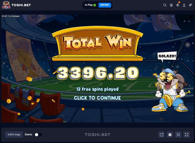 A screenshot from TOSHI.BET displays a "Total Win" of 3396.20 from 12 free spins on the "Le Hooligan" slot game, with the mascot cheering "GOLAZO!"—visually celebrating the big win the poster is boasting about in their giveaway post.