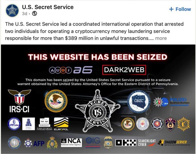 The image features a poster with various logos, including those of the United States Secret Service (USSS), the Internal Revenue Service (IRS), and the National Security Agency (NSA). The poster also contains text that reads "This website has been seized". The poster is displayed on a dark background.