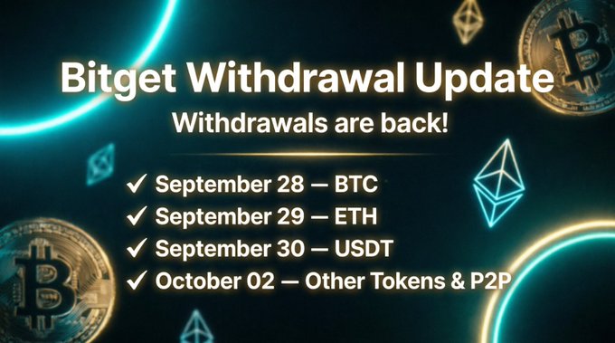 A dark promotional graphic announces 'Bitget Withdrawal Update - Withdrawals are back!' with a schedule listing September 28 for BTC, September 29 for ETH, September 30 for USDT, and October 02 for Other Tokens & P2P, surrounded by cryptocurrency imagery.