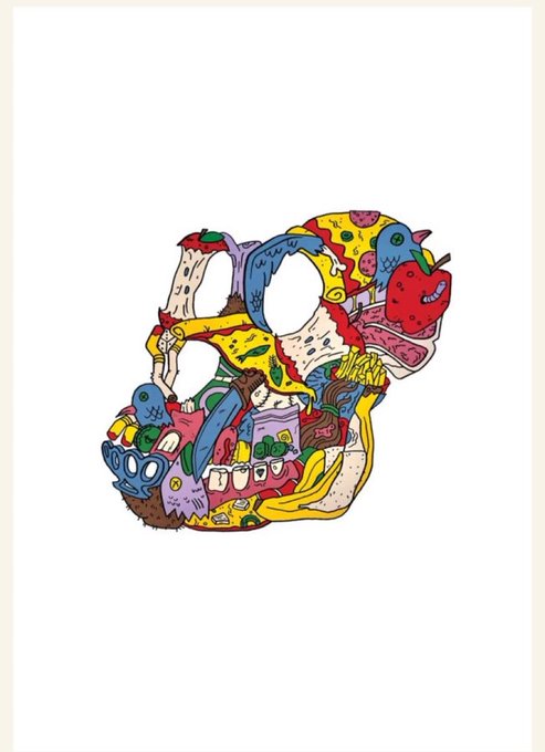 A colorful, abstract doodle-style illustration filled with various cartoon faces, creatures, and food items packed into an irregular shape.