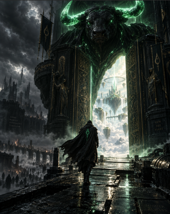 A dark fantasy illustration depicts a cloaked figure with a glowing green symbol on their back walking toward a massive gate topped with a giant bull's head, opening to reveal a floating city in the clouds.