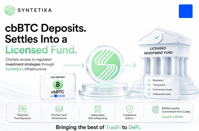 A promotional graphic for Syntetika explaining how cbBTC deposits settle into a licensed investment fund, highlighting features like tokenized fund exposure, onchain vault infrastructure, and compliance.
