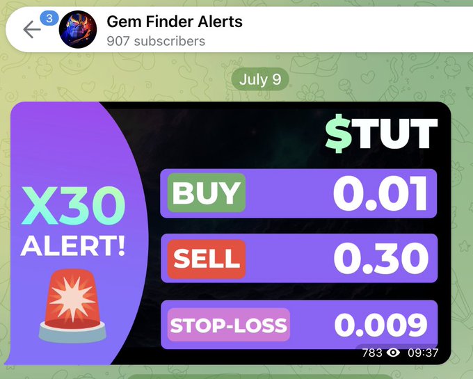 A Telegram post from 'Gem Finder Alerts' showing a trading alert for $TUT with X30 potential, recommending a buy at 0.01, sell at 0.30, and stop-loss at 0.009.