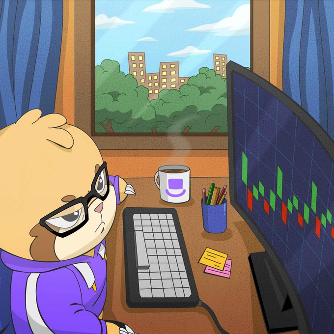 A cartoon illustration of a cat character wearing glasses and a purple jacket, sitting at a desk looking at a computer monitor displaying a rising stock market chart, with a coffee mug and pencils nearby.
