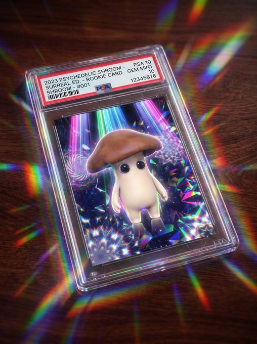 A graded PSA 10 Gem Mint rookie trading card labeled '2023 PSYCHEDELIC SHROOM - SURREAL ED - ROOKIE CARD' featuring a cute mushroom character on a holographic background.