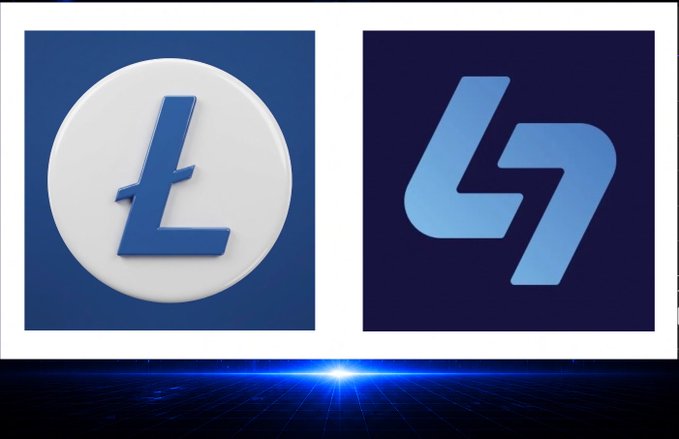 Side-by-side comparison of two Litecoin (LTC) logos against blue backgrounds, one in a white circle and the other a modern angular design.