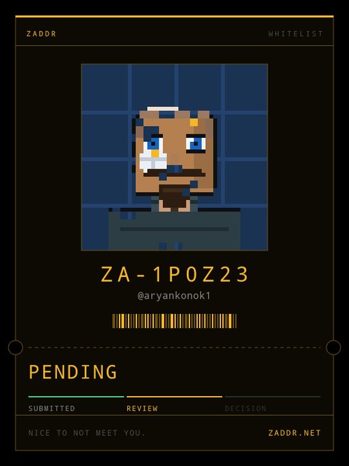 A digital ID card for 'ZADDR' showing a pixel art avatar with the ID 'ZA-1P0Z23', username '@aryankonok1', status 'PENDING', and tagline 'NICE TO NOT MEET YOU' at zaddr.net.