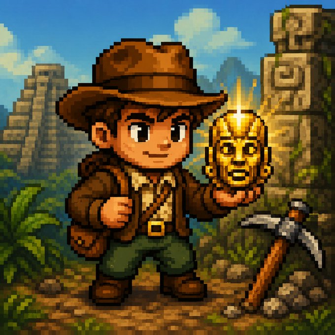 A pixel art illustration of an explorer wearing a brown hat and jacket, holding a golden idol mask, with a pickaxe beside him in a jungle setting.