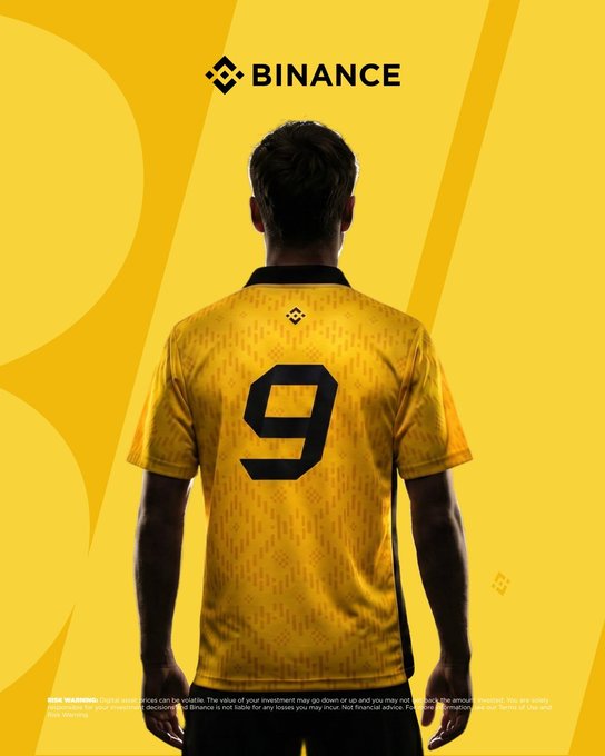 The image features a man wearing a yellow soccer jersey with the number 9 on it, standing against a yellow background. The text "Binance" is also present in the image. The caption of the image reads, "You asked... #WhoIsNumber9? The market answered. The narrative is alive."