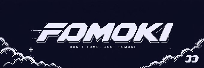 The image is a pixel-art promotional banner for Fomoki with the tagline "DON'T FOMO, JUST FOMOKI" displayed against a dark starry sky with pixelated clouds and a "00" timer counter, tying into the post's giveaway announcement of $1 airdrop spots for the 2,500-supply Fomoki NFT collection on OpenSea.