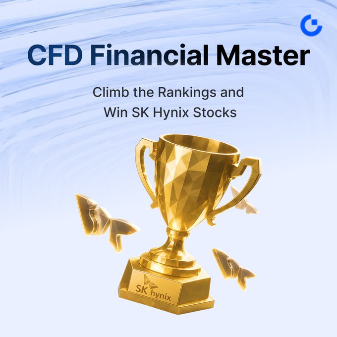 A promotional banner for Gate.io's "CFD Financial Master" trading competition, featuring a golden trophy with the SK hynix logo on its base, invites users to climb the rankings for a chance to win SK Hynix stock rewards through Lucky Bags and hourly giveaways.