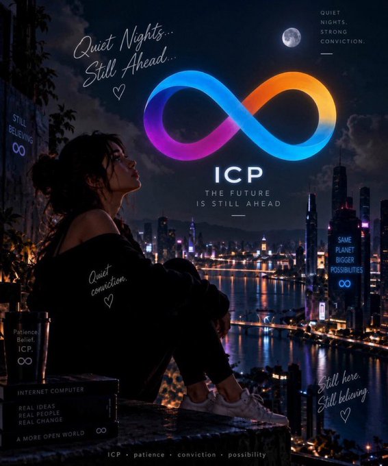 A promotional graphic for 'ICP - THE FUTURE IS STILL AHEAD' featuring a colorful infinity logo, a woman sitting on a rooftop overlooking a city at night under a moon, with text including 'Quiet Nights... Still Ahead...' and 'INTERNET COMPUTER'.