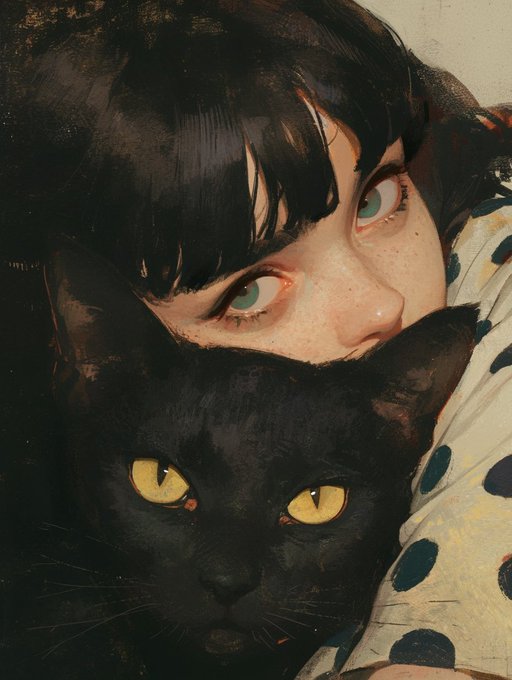 A stylized digital painting shows a young person with dark hair and striking teal eyes resting their cheek against a black cat with luminous yellow eyes, wrapped in a polka-dot garment. The image evokes an intimate, quiet bond between human and animal, lending a soft, melancholic atmosphere to the post's minimal "ⓖⓜ" caption.