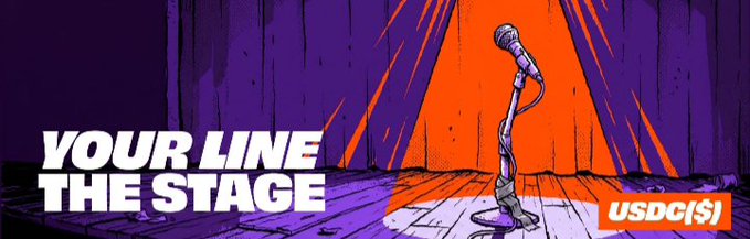 A stylized illustration features a microphone on a stage with purple curtains and bold text reading 'YOUR LINE THE STAGE' alongside a 'USDC($)' badge.
