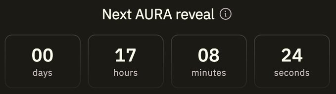 A countdown timer showing 'Next AURA reveal' with 00 days, 17 hours, 08 minutes, and 24 seconds remaining displayed in four separate boxes.